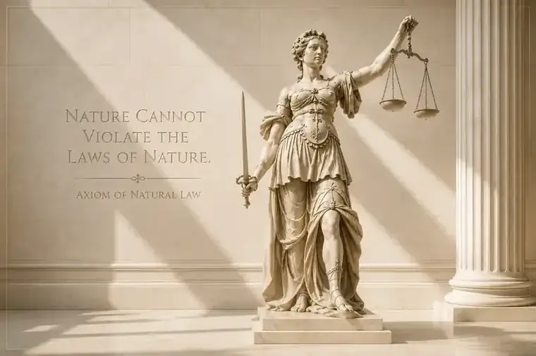 The Axiom of Natural Law expressed in classical marble and justice imagery