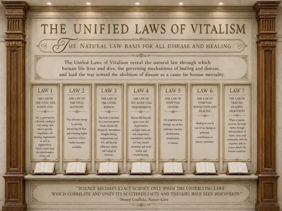 The Unified Laws of Vitalism installation showing abbreviated summaries of all seven Laws